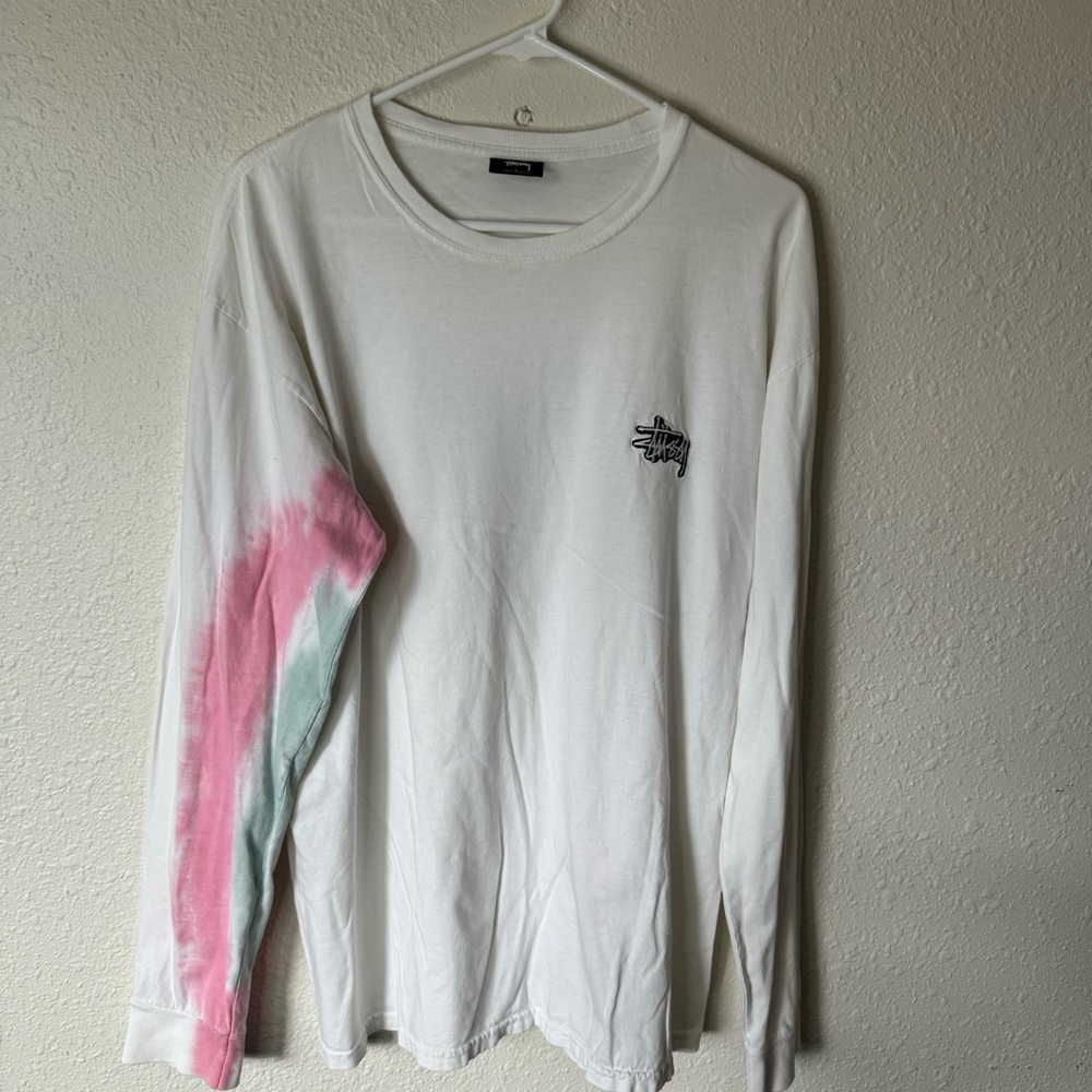 Stussy White Long Sleeve Tee with Pink & Mint Sleeve Tie-Dye